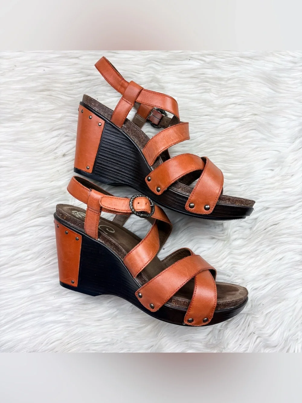 Dansko Frida Wedge Sandal Orange Leather Heel Size 39 Orthopedic Arch Support